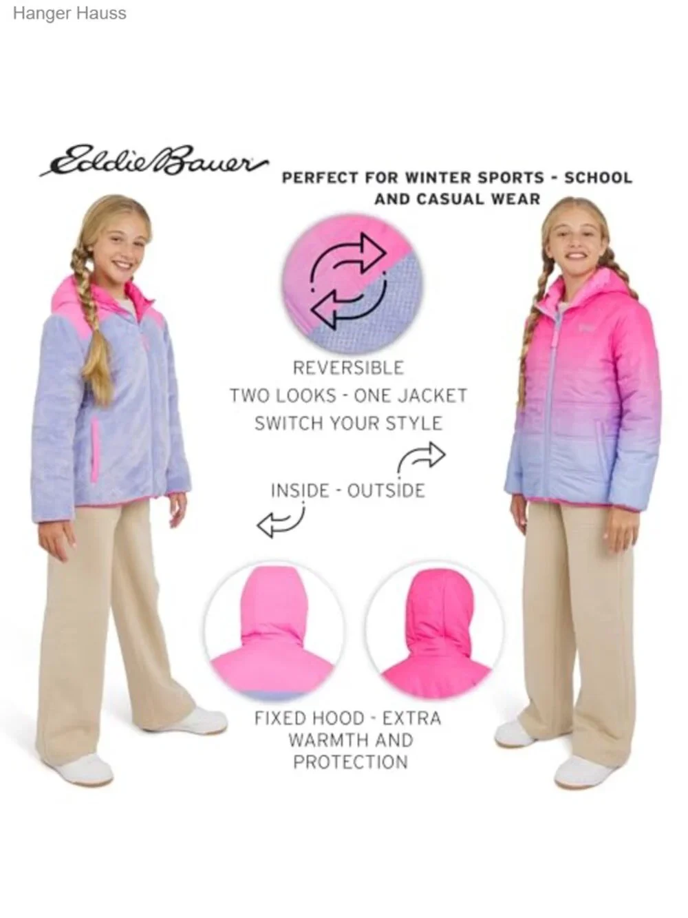 Girls Reversible Faux Fur Lined Puffer Jacket Insulated Winter Coat
